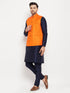 Vastramay Men's Orange Matka Silk Nehru Jacket With Navy Blue Silk Blend Kurta and Pant style Pyjama Set